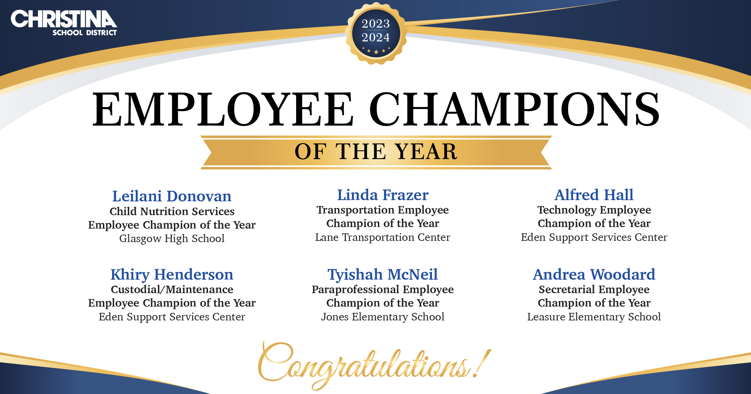 2023-2024 Employee Champions of the Year. Christina School District.